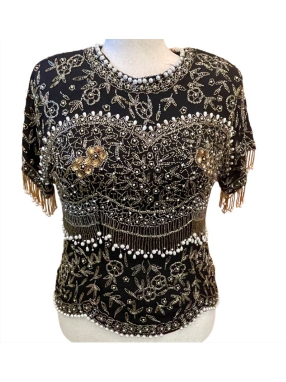 VTG Patra Silk Beaded Sequin Blouse Top Women's 16 Black Gold Pearl Flapper 80s